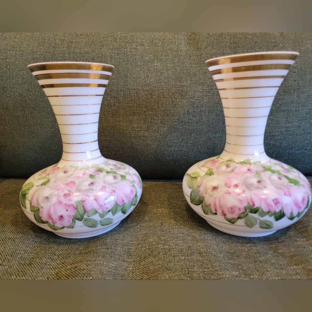 2 Charleton Gold Rim Floral Roses Hand Painted Milk Glass Vase 9 1/2”